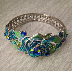 Silver Tone Bangle Bracelet Blue/Green Crystal Flower Dangle Charm Adjustable