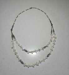 Double Strand Layered White Chip Bead Necklace w/ Silver Beads, Barrel