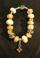 Yellow & White Murano Glass Bead & Crystal Silver 7.5″ Charm Bracelet (#1380)NEW