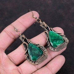 Copper Zambian Emrald Stone Mother Dangle Hook New Wire Wrapped Earrings Jewelry
