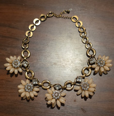 Gold Tone Statement Link Chain Necklace Ivory Flower Clear Rhinestone Adj