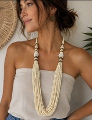 Vintage Ivory Multi Strand Seed Bead Tassel Necklace Boho Statement Bib Long