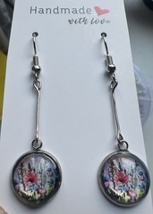Silver Tone Metal Multicolour Round glass dome Floral Dangle/Drop Hook Earrings