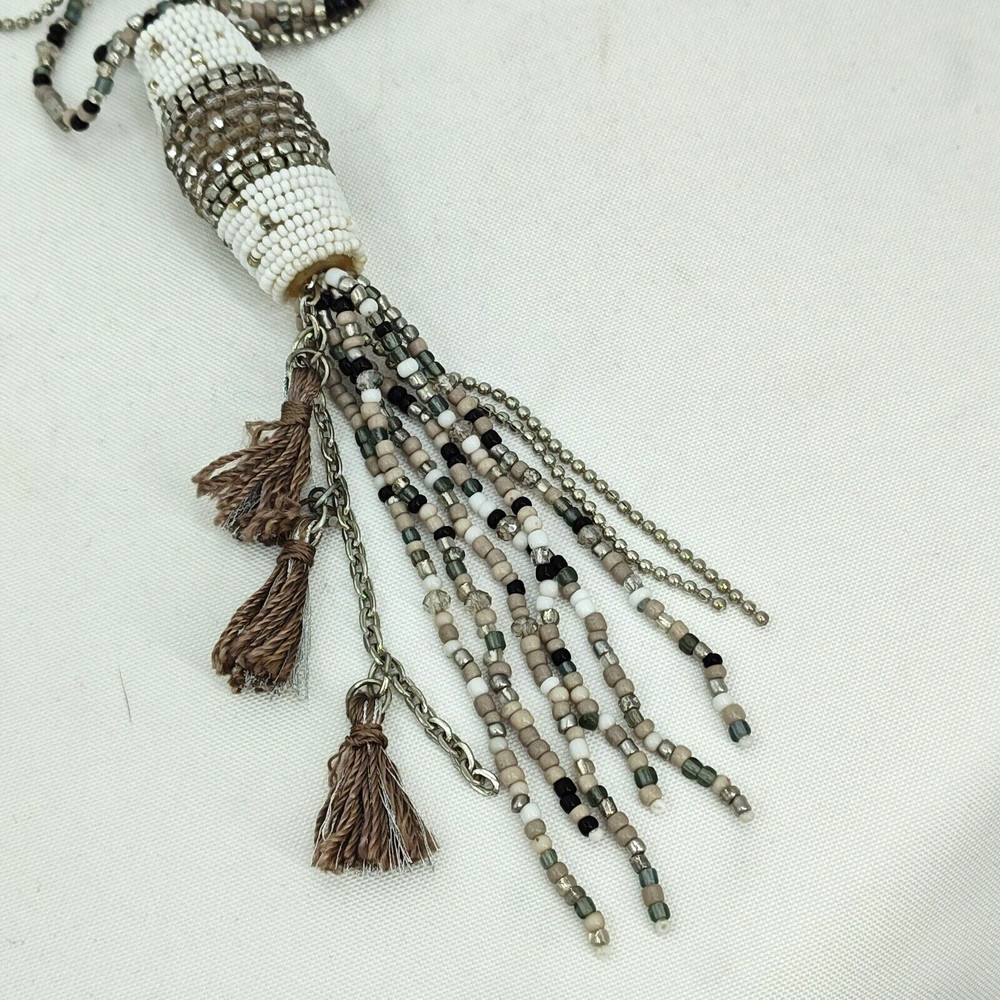 Chicos Necklace Statement Beaded White Beige Gray Clear Silver