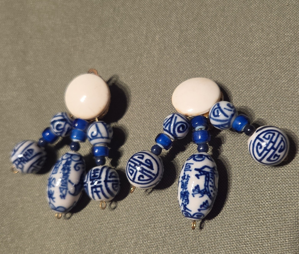 Blue White Ceramic Beaded Dangle/Drop Clip-On Earrings Asian Theme