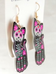 2-SIDED GLOW SUGAR SKULL SKELETON BLACK CAT DAY OF THE DEAD HALLOWEEN EARRINGS
