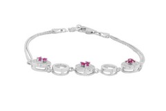 Round Simulated Diamond & Simulated Ruby 7″ Bracelet 14k Rose Gold Plated Silver