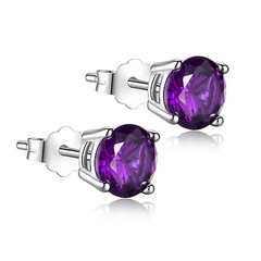 Sterling Silver Round Shaped Simulated Amethyst Stud Earrings Gifts for Girl Her
