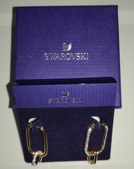 Swarovski Signed SWAN Pave Crystal Time Hoop Earrings Gold Tone Asymmetrical