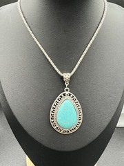 Silver Tone and Faux Turquoise Teardrop Pendant Necklace 18” + 2.5” Extender