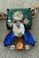 Statement Bib Faux Malachite Blue Amber & Clear Rhinestones Gold Tone Necklace