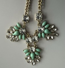 Mint Green Rhinestone Statement Necklace Gold Tone Bib Clear Crystal Adjustable