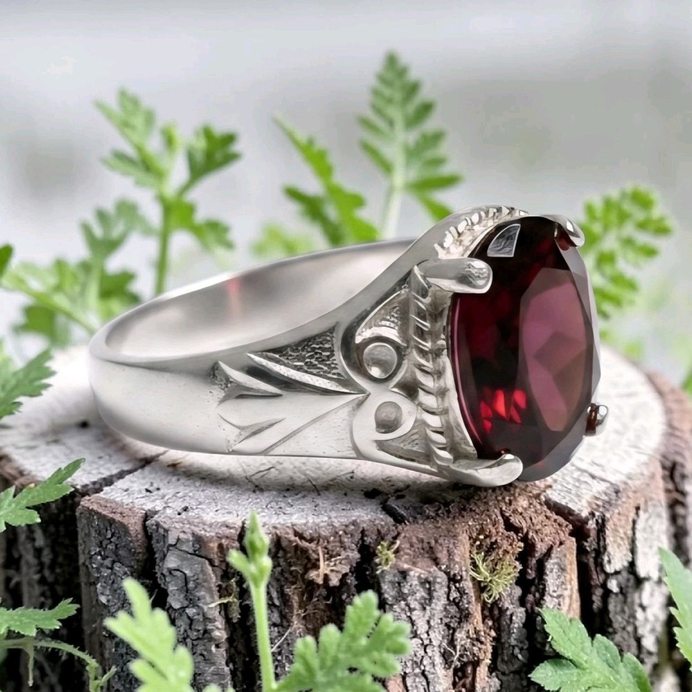 Sterling Silver Oval Red Gemstone Cocktail Ring Prong Set Statement Size 8.5