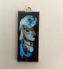 Silver Tone Rectangle Floral Pendant, Bezel Set, Black w/ Blue & White Flowers
