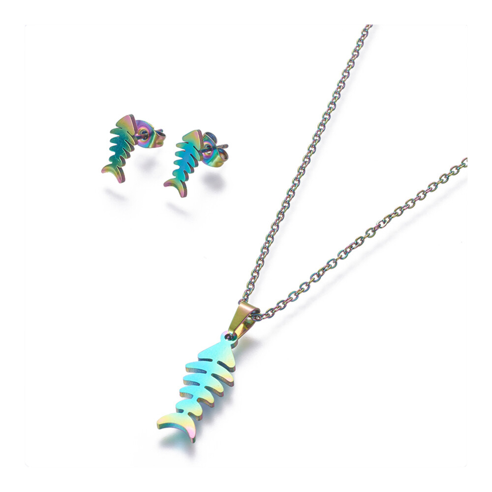Stainless Steel Set Stud Earring Pendant Necklace Fish Bone 17.7″ Pin 0.8mm P477