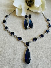CZ Navy Blue Sapphire Teardrop Gem Bridal Indian Necklace Earring Jewelry Set