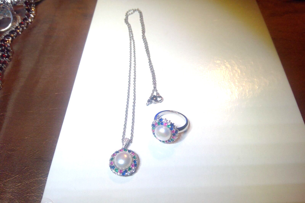 Stainless Steel Multi-Color Stones and Pearl Set