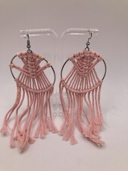 Pink Yarn Woven Dangle Fringe Hook Dreamcatcher Earrings Boho Silver Tone