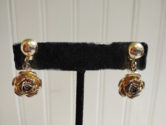 Vintage GT Metal Clear Crystal Centered Rose Blossom DropDangle ScrewOn Earrings