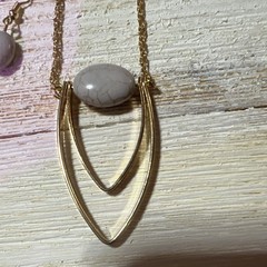 Gold Tone White Oval Stone Necklace Pendant & Drop Dangle Earrings Jewelry Set