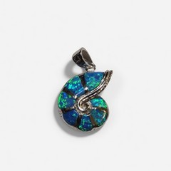 925 Silver Opal Spiral Nautilus Shell Charm Pendant, Blue/Green 26.2mm, 3.8 Gram