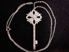 18K White Gold Plated Flower Key Pendant Necklace with Cubic Zirconia Stones