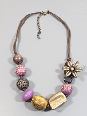 Boho Purple Bronze Tone Flower Beaded Filigree Ball Wood Cord Necklace 23 in