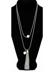 White House Black Market Silver Tone Tassel Necklace Faux Pearl Long Statement