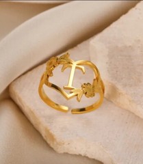 Initial Letter Gold Ring Adjustable Leaf Flower Ring Women’s Fashion Jewelry 82