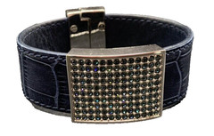 Authentic Swan Swarovski BLUE Crystal and Leather Magnetic Cuff Bracelet 7.5″