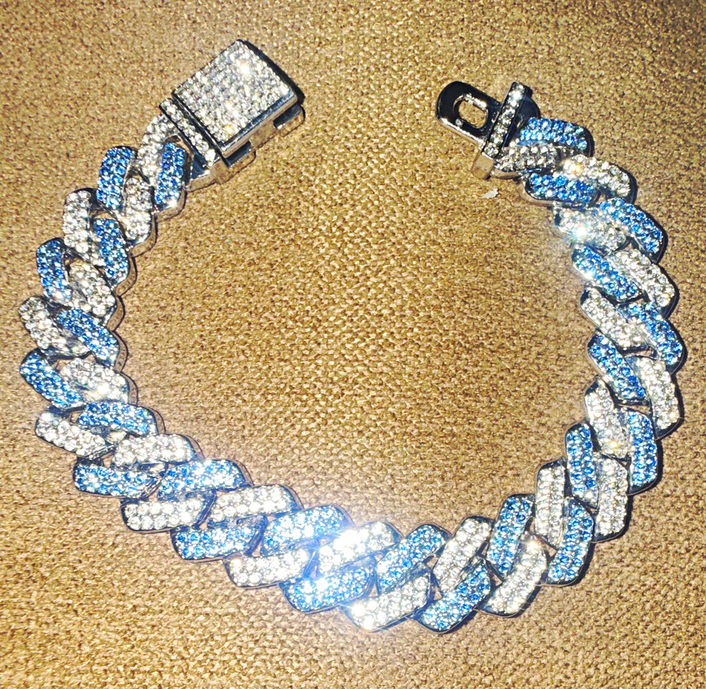 Silver Tone Pavé White moissanite Cuban Link Chain Bracelet Box Clasp