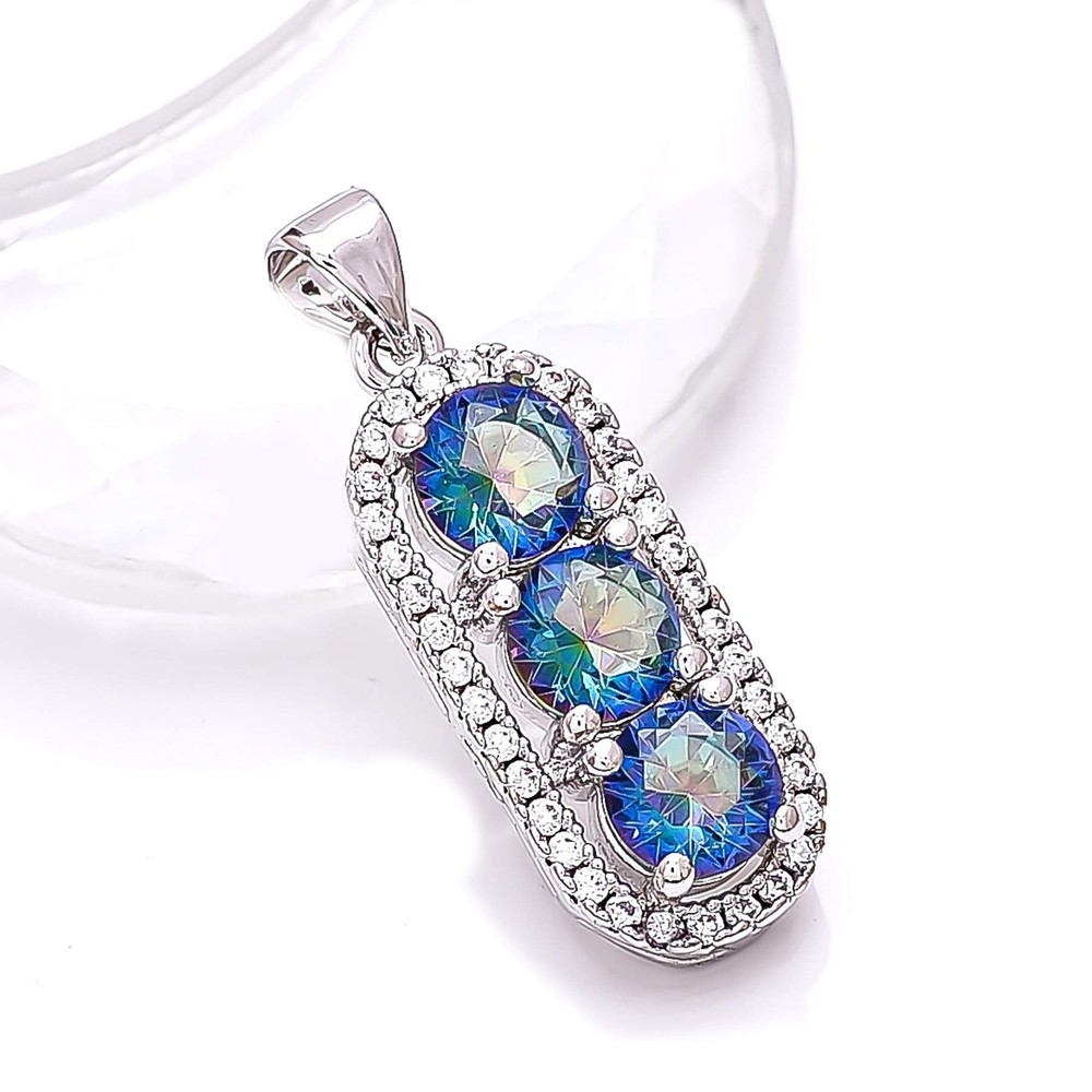 Blue Rainbow Mystic Fire Topaz & CZ Gemstone 925 Silver Pendant 1.10″ P931