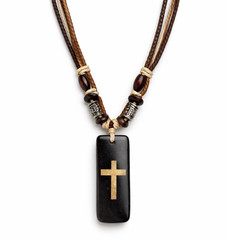 Boho Brown Cross Necklace Resin Pendant 1.75” | Multi Strand Earthy Cord