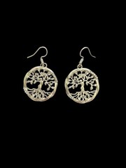 Silver Tone Tree of Life Round Dangle Hook Earrings No Stone Metal