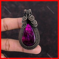 Copper Pear Pink Fire Labradorite Stone Trendy Boho Wire Wrapped Unique Pendant