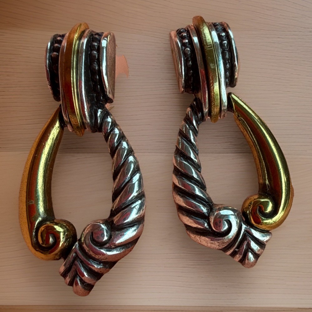 BRIGHTON Silver And Gold Toned Teardrop Shaped Signed Post Earrings