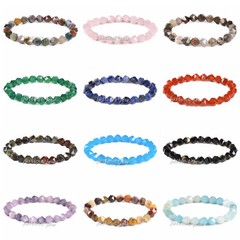 8mm Natural Gemstone Round Beads Triangle Faceted Charm Stretch Bracelet 6.5″