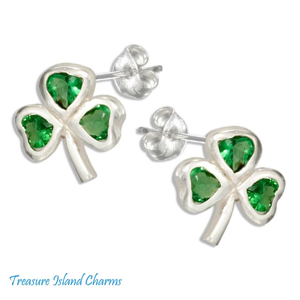 Shamrock Clover with Green CZ 925 Solid Sterling Silver Stud Post Earrings