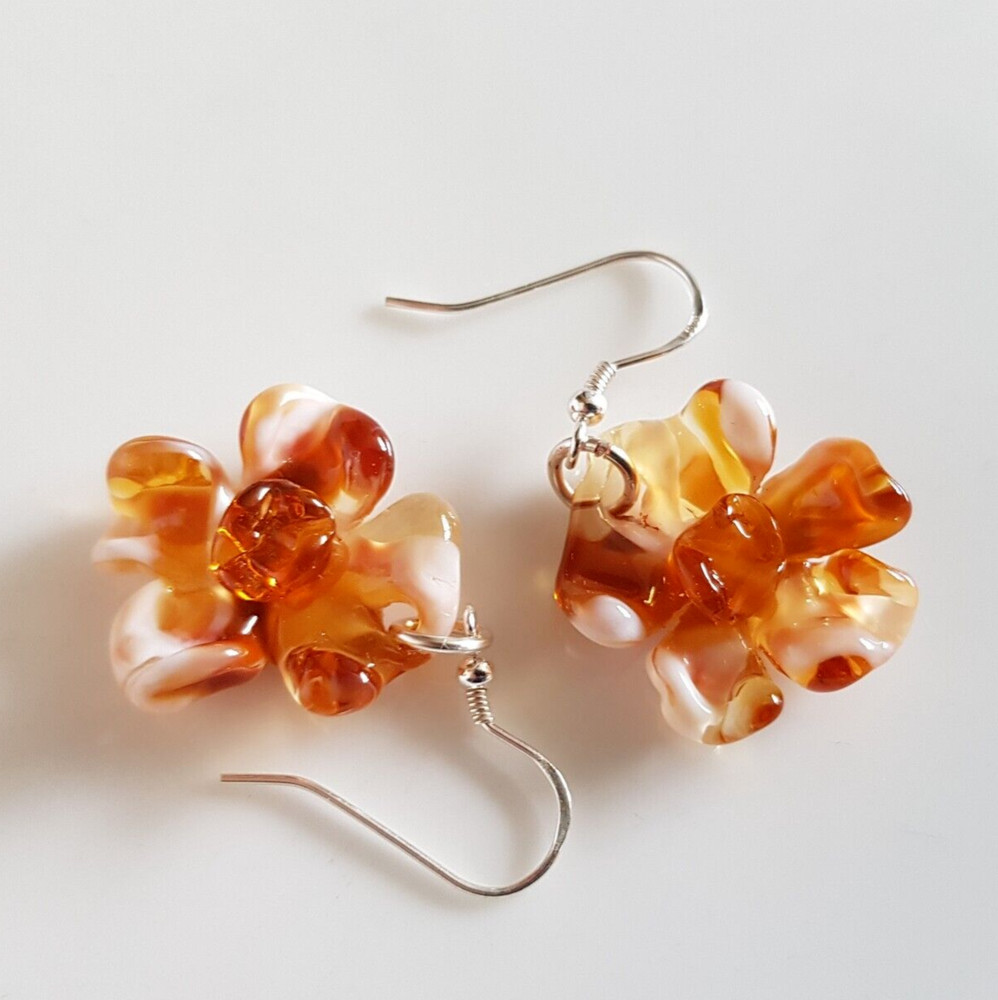 Dangle Drops Earrings Flowers Tea Brown Colors Murano Glass 925 Silver Hooks