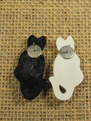 Cat Pierced Earrings Black Ivory Glitter Collars 1.5″ Vintage Acrylic New Backs