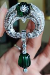 Art Deco Carved Emerald &Sparkly Sapphire Handmade Unique Design Brooch Pin