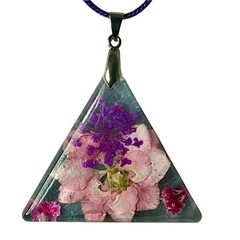 Goth Pink Pressed Flowers On Black Pendant Necklace 18″ Waxed Cord w/ Ext