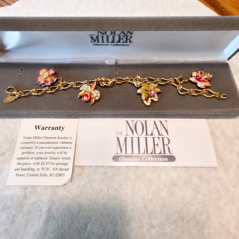 Nolan Miller Signed Gold Tone Charm Bracelet Rhinestones Enamel Flowers 4 Charms