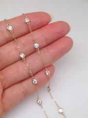 925 Sterling Silver Gold By the Yard Station Necklace Bezel CZ 18 3.5mm 18″