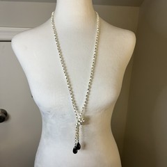 White And Black Beaded Drop Long Necklace One Strand