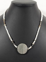 Boho White Gray Marble Stone Round Disc Bead Toggle Necklace Coastal Beach 18 in