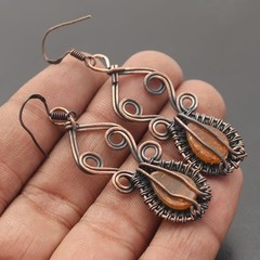 Amber Jasper Gemstone Copper Wire Wrapped Handmade Earring Jewelry Gift For Love