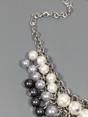 Silver Tone White Gray Faux Pearl Charm Bib Statement Necklace 19 inch Ombre