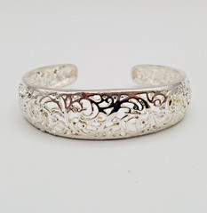 Filagree Cuff Bracelet 6in Polished Silver Tone Metal Small Wrist Snug Fit