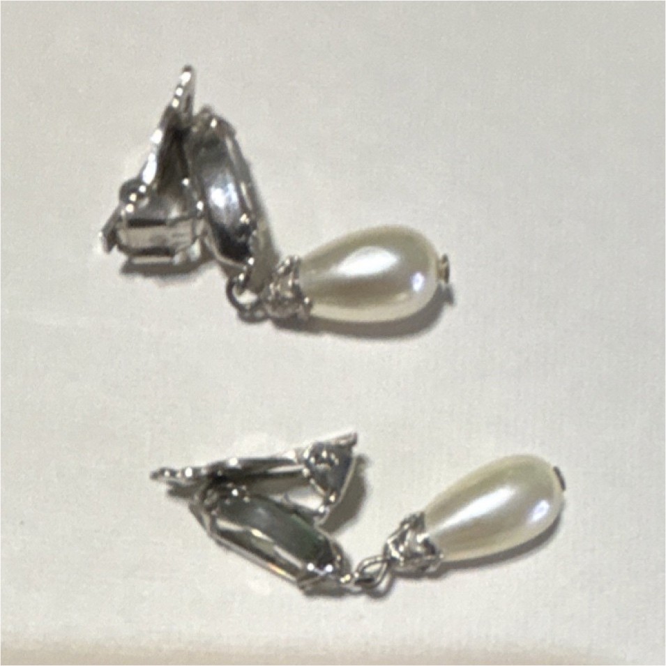 Silver Tone Clip-On Dangle Drop Earrings Crystal Teardrop White Pearl